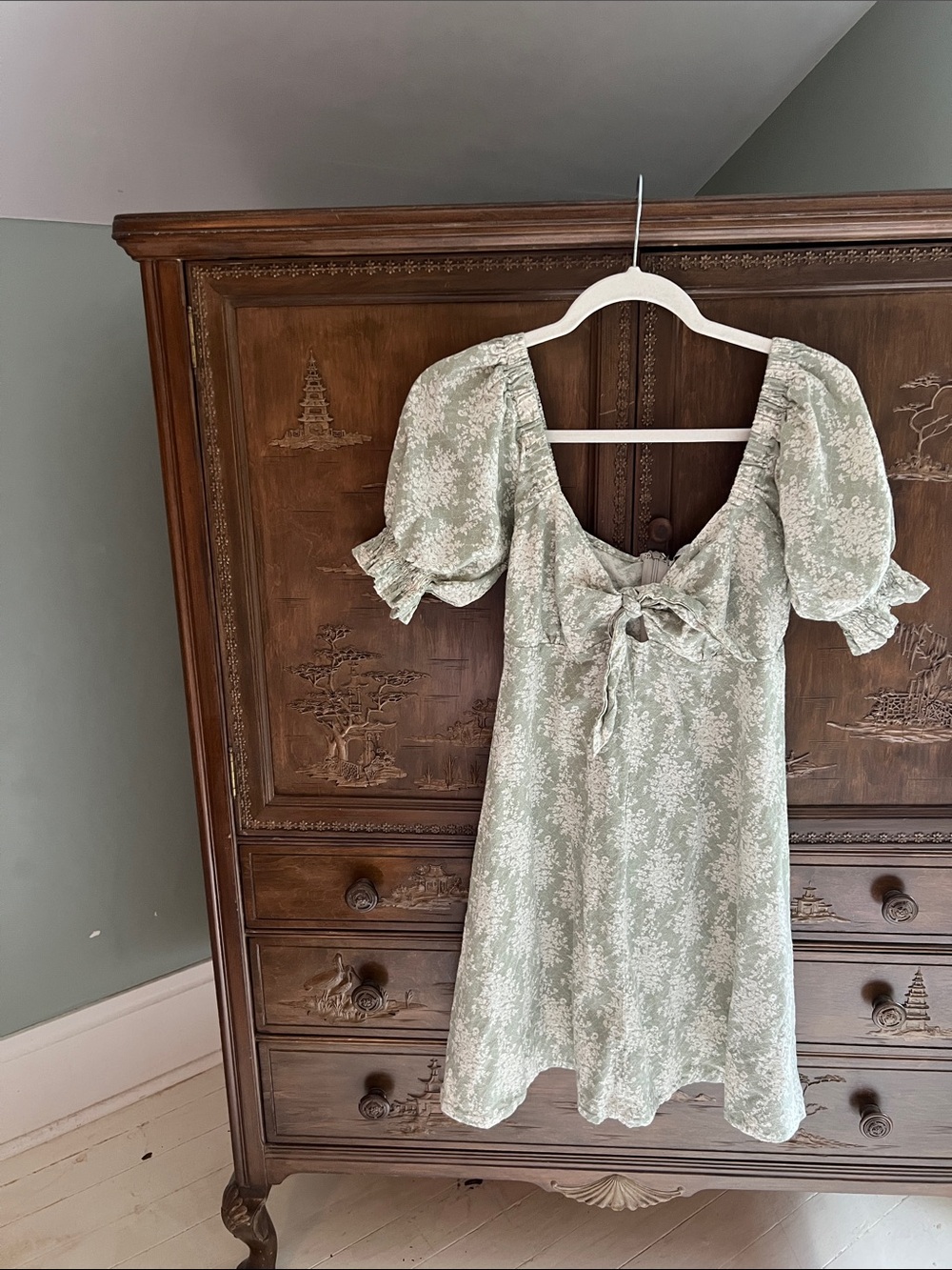 Olivaceous Sage Floral Tie-Front Puff Sleeve Mini Dress